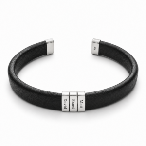 Brazalete de piel ajustable con aros grabados plata 925