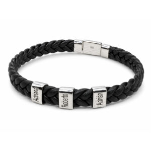 Brazalete de piel tenzado plano con aros grabados plata 925