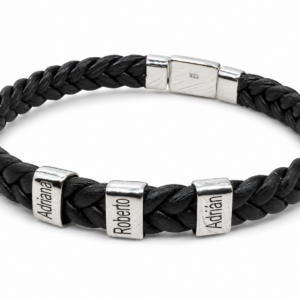 Brazalete de piel tenzado plano con aros grabados plata 925